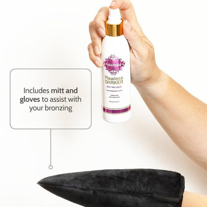 Fake Bake Flawless Darker Selbstbräuner-Lotion – Streifenfreie, langanhaltende natürliche Bräune für alle Hauttöne – Inklusive Applikator-Handschuh, Schwarzer Kokosnussduft – 177 ml