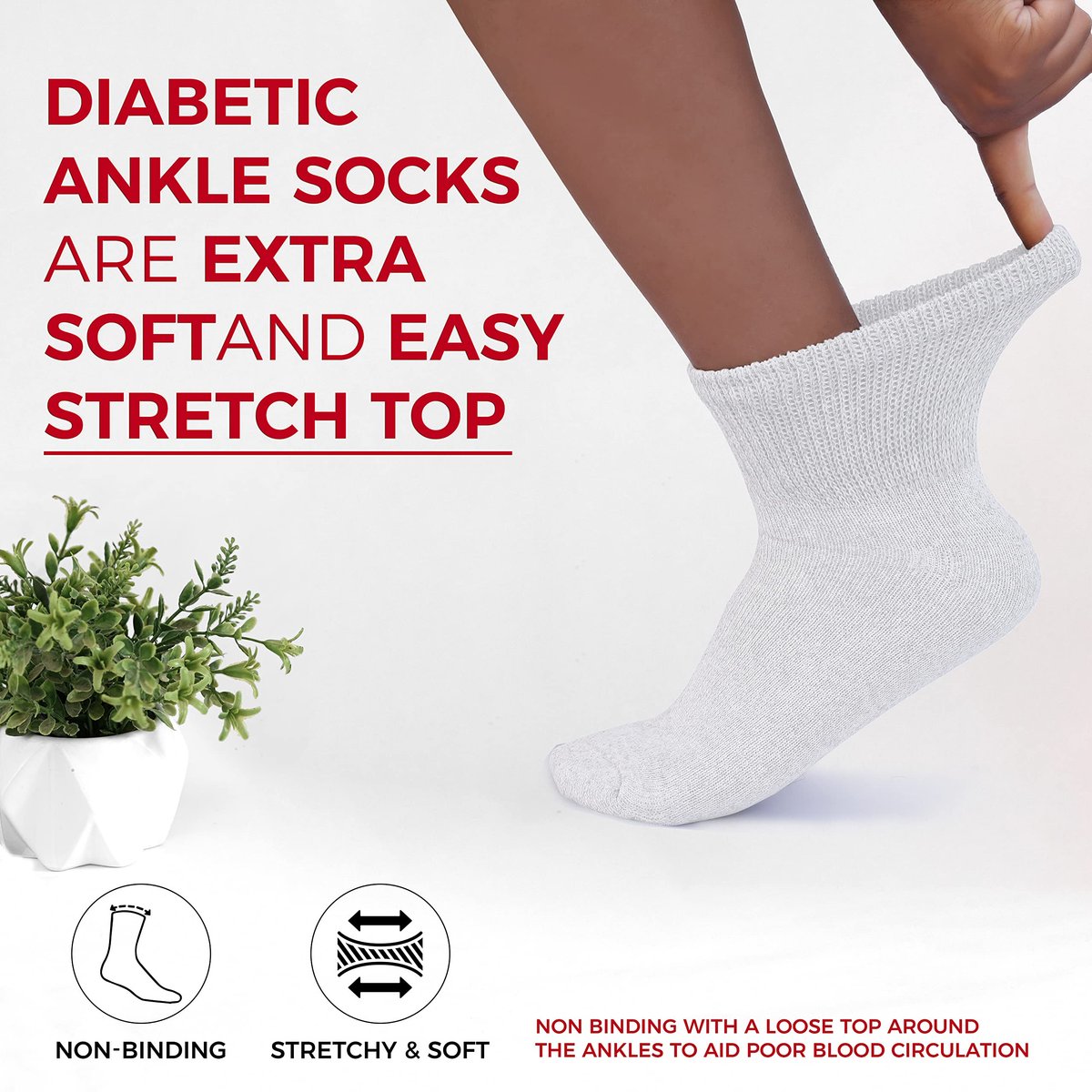 Diamond Star Diabetiker-Knöchelsocken, nicht einschnürend, baumwollgepolstert, für Herren und Damen, 6er-Pack Weiß, Größe 13-15 (Schuhgröße 9-14)