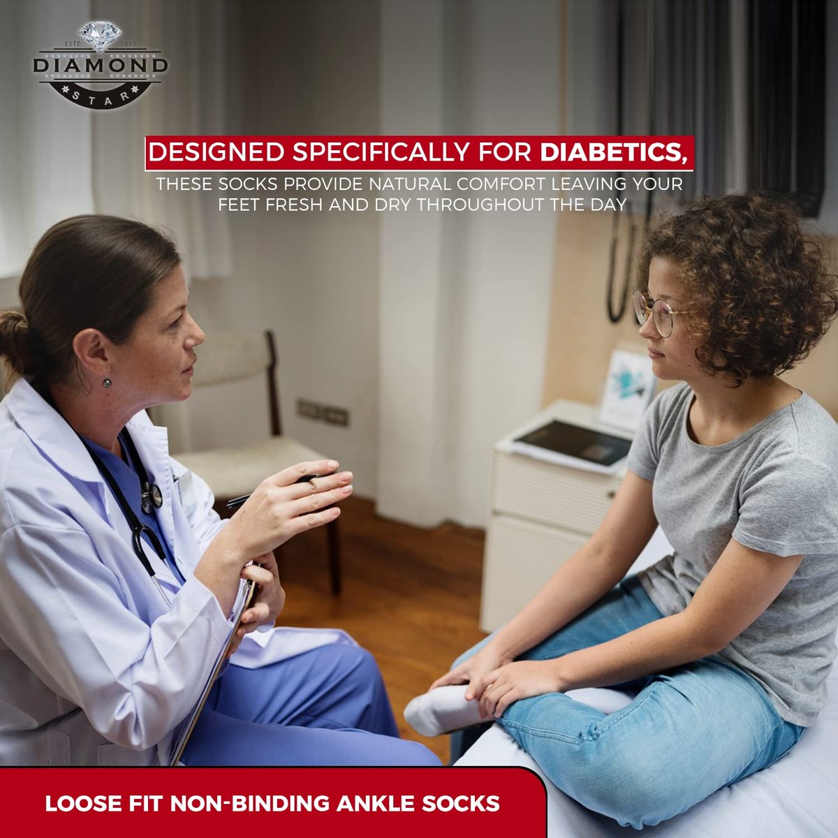 Diamond Star Diabetiker-Knöchelsocken, nicht einschnürend, baumwollgepolstert, für Herren und Damen, 6er-Pack Weiß, Größe 13-15 (Schuhgröße 9-14)