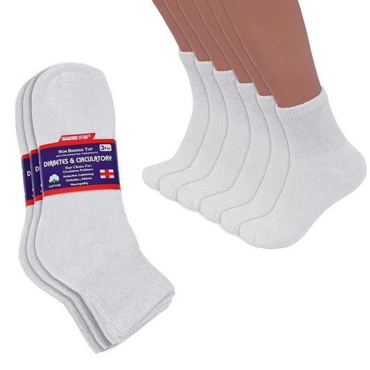 Diamond Star Diabetische Socken für Damen und Herren, nicht einschnürend, baumwollgepolstert, Quarter Socken (6er-Pack Weiß, Größe 10-13, Schuhgröße 7-12)