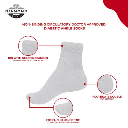 Diamond Star Diabetische Knöchelsocken, nicht einschnürend, Baumwolle, gepolstert, für Damen und Herren, 6er-Pack Weiß, Schuhgröße 9-11 (DE 39-43)