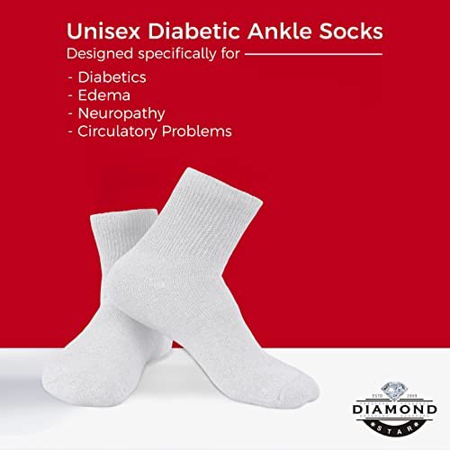 Diamond Star Diabetische Socken für Damen und Herren, nicht einschnürend, baumwollgepolstert, Quarter Socken (6er-Pack Weiß, Größe 10-13, Schuhgröße 7-12)