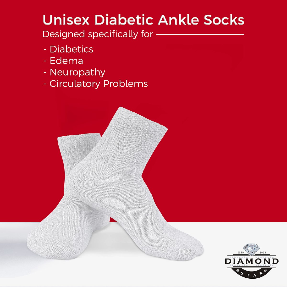 Diamond Star Diabetische Knöchelsocken, nicht einschnürend, Baumwolle, gepolstert, für Damen und Herren, 6er-Pack Weiß, Schuhgröße 9-11 (DE 39-43)