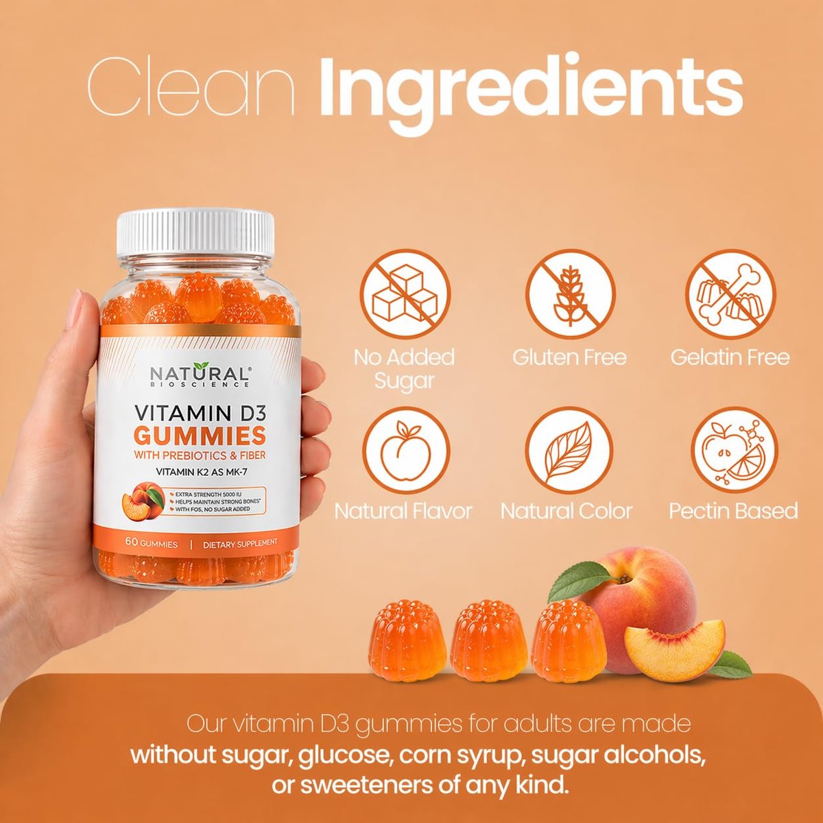 Zuckerfreie Vitamin D3 K2 Gummies 5000 IE + K2 MK7 80 mcg – Vitamin D Gummies für Erwachsene mit Präbiotika & Ballaststoffen – Unterstützt Knochen, Immunsystem, Herzgesundheit & Stimmung – Glutenfrei, Natürlicher Pfirsichgeschmack