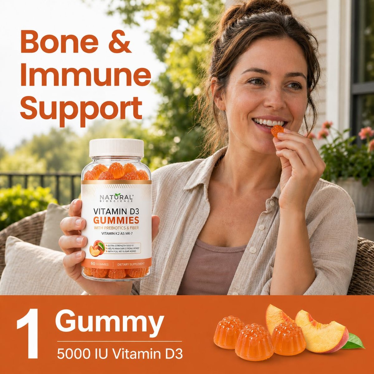 Zuckerfreie Vitamin D3 K2 Gummies 5000 IE + K2 MK7 80 mcg – Vitamin D Gummies für Erwachsene mit Präbiotika & Ballaststoffen – Unterstützt Knochen, Immunsystem, Herzgesundheit & Stimmung – Glutenfrei, Natürlicher Pfirsichgeschmack
