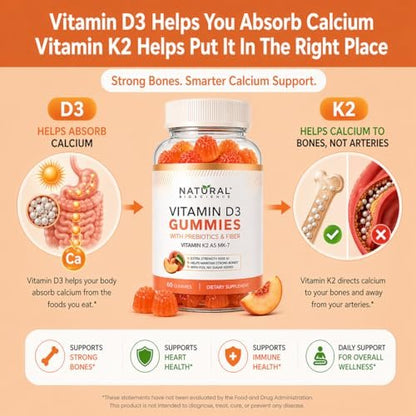 Zuckerfreie Vitamin D3 K2 Gummies 5000 IE + K2 MK7 80 mcg – Vitamin D Gummies für Erwachsene mit Präbiotika & Ballaststoffen – Unterstützt Knochen, Immunsystem, Herzgesundheit & Stimmung – Glutenfrei, Natürlicher Pfirsichgeschmack