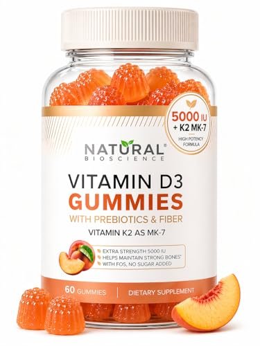 Zuckerfreie Vitamin D3 K2 Gummies 5000 IE + K2 MK7 80 mcg – Vitamin D Gummies für Erwachsene mit Präbiotika & Ballaststoffen – Unterstützt Knochen, Immunsystem, Herzgesundheit & Stimmung – Glutenfrei, Natürlicher Pfirsichgeschmack