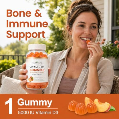 Zuckerfreie Vitamin D3 K2 Gummies 5000 IE + K2 MK7 80 mcg – Vitamin D Gummies für Erwachsene mit Präbiotika & Ballaststoffen – Unterstützt Knochen, Immunsystem, Herzgesundheit & Stimmung – Glutenfrei, Natürlicher Pfirsichgeschmack