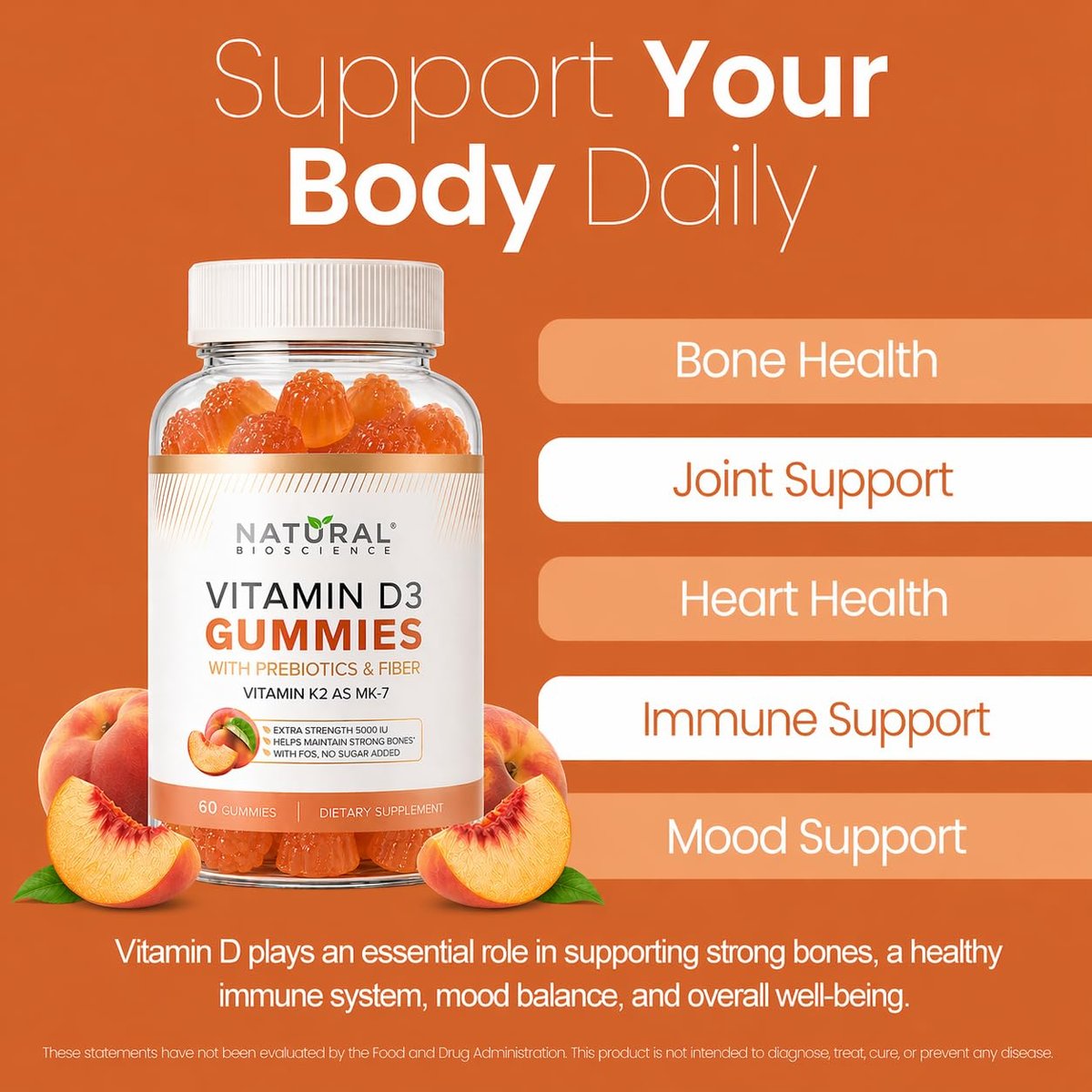 Zuckerfreie Vitamin D3 K2 Gummies 5000 IE + K2 MK7 80 mcg – Vitamin D Gummies für Erwachsene mit Präbiotika & Ballaststoffen – Unterstützt Knochen, Immunsystem, Herzgesundheit & Stimmung – Glutenfrei, Natürlicher Pfirsichgeschmack