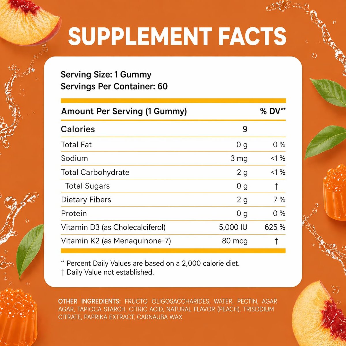 Zuckerfreie Vitamin D3 K2 Gummies 5000 IE + K2 MK7 80 mcg – Vitamin D Gummies für Erwachsene mit Präbiotika & Ballaststoffen – Unterstützt Knochen, Immunsystem, Herzgesundheit & Stimmung – Glutenfrei, Natürlicher Pfirsichgeschmack