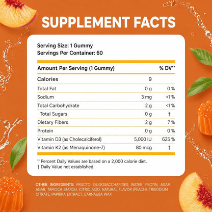 Zuckerfreie Vitamin D3 K2 Gummies 5000 IE + K2 MK7 80 mcg – Vitamin D Gummies für Erwachsene mit Präbiotika & Ballaststoffen – Unterstützt Knochen, Immunsystem, Herzgesundheit & Stimmung – Glutenfrei, Natürlicher Pfirsichgeschmack