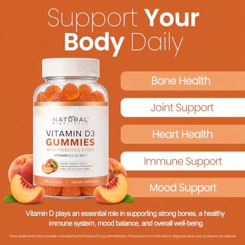 Zuckerfreie Vitamin D3 K2 Gummies 5000 IE + K2 MK7 80 mcg – Vitamin D Gummies für Erwachsene mit Präbiotika & Ballaststoffen – Unterstützt Knochen, Immunsystem, Herzgesundheit & Stimmung – Glutenfrei, Natürlicher Pfirsichgeschmack