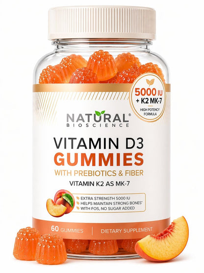 Zuckerfreie Vitamin D3 K2 Gummies 5000 IE + K2 MK7 80 mcg – Vitamin D Gummies für Erwachsene mit Präbiotika & Ballaststoffen – Unterstützt Knochen, Immunsystem, Herzgesundheit & Stimmung – Glutenfrei, Natürlicher Pfirsichgeschmack