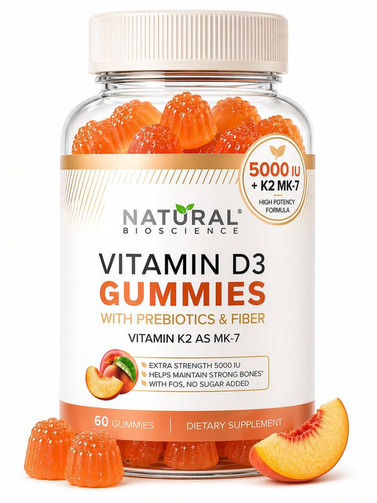 Zuckerfreie Vitamin D3 K2 Gummies 5000 IE + K2 MK7 80 mcg – Vitamin D Gummies für Erwachsene mit Präbiotika & Ballaststoffen – Unterstützt Knochen, Immunsystem, Herzgesundheit & Stimmung – Glutenfrei, Natürlicher Pfirsichgeschmack