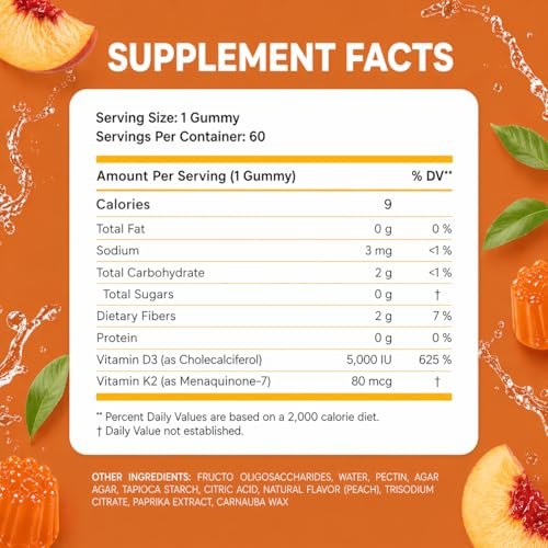 Zuckerfreie Vitamin D3 K2 Gummies 5000 IE + K2 MK7 80 mcg – Vitamin D Gummies für Erwachsene mit Präbiotika & Ballaststoffen – Unterstützt Knochen, Immunsystem, Herzgesundheit & Stimmung – Glutenfrei, Natürlicher Pfirsichgeschmack
