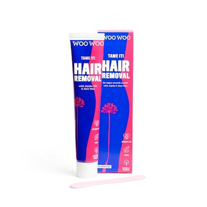 WooWoo Tame It! Natürliche Intim-Haarentfernungscreme – Schmerzfreier veganer Haarentferner für empfindliche Haut – Enthaarungscreme für Genitalbereich, Bikini, Beine & Po – Duschcreme mit Aloe Vera – 100 ml