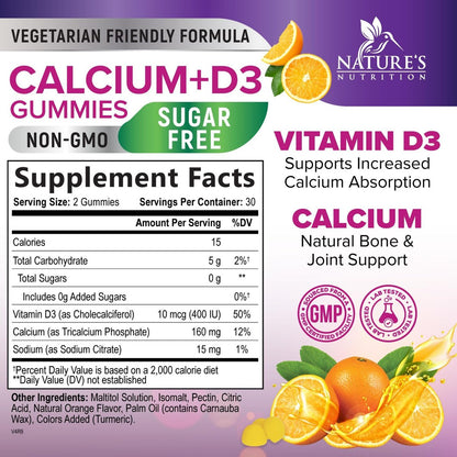 Kalzium-Gummibärchen ohne Zucker mit Vitamin D3 – 60 Stück, Orangen-Geschmack, für Knochen & Immunsystem