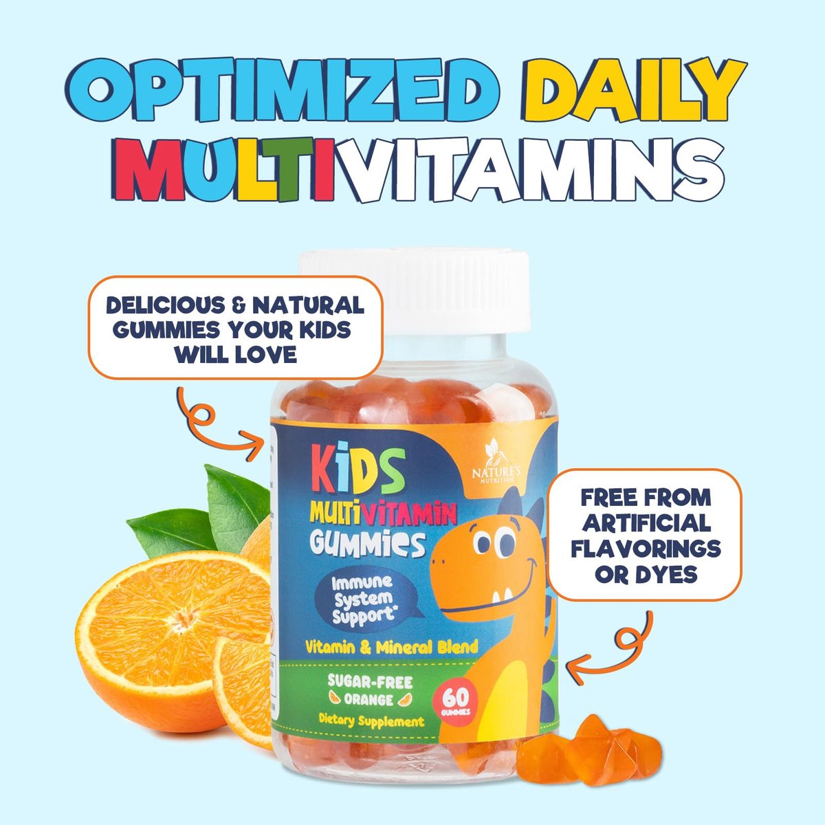 Zuckerfreie Kinder Multivitamin Gummibärchen mit Orangen-Geschmack – Immununterstützung mit Vitamin A, C, D3, E, B6, B12 & Zink – Non-GMO – 60 Gummis
