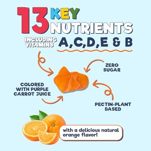 Zuckerfreie Kinder Multivitamin Gummibärchen mit Orangen-Geschmack – Immununterstützung mit Vitamin A, C, D3, E, B6, B12 & Zink – Non-GMO – 60 Gummis