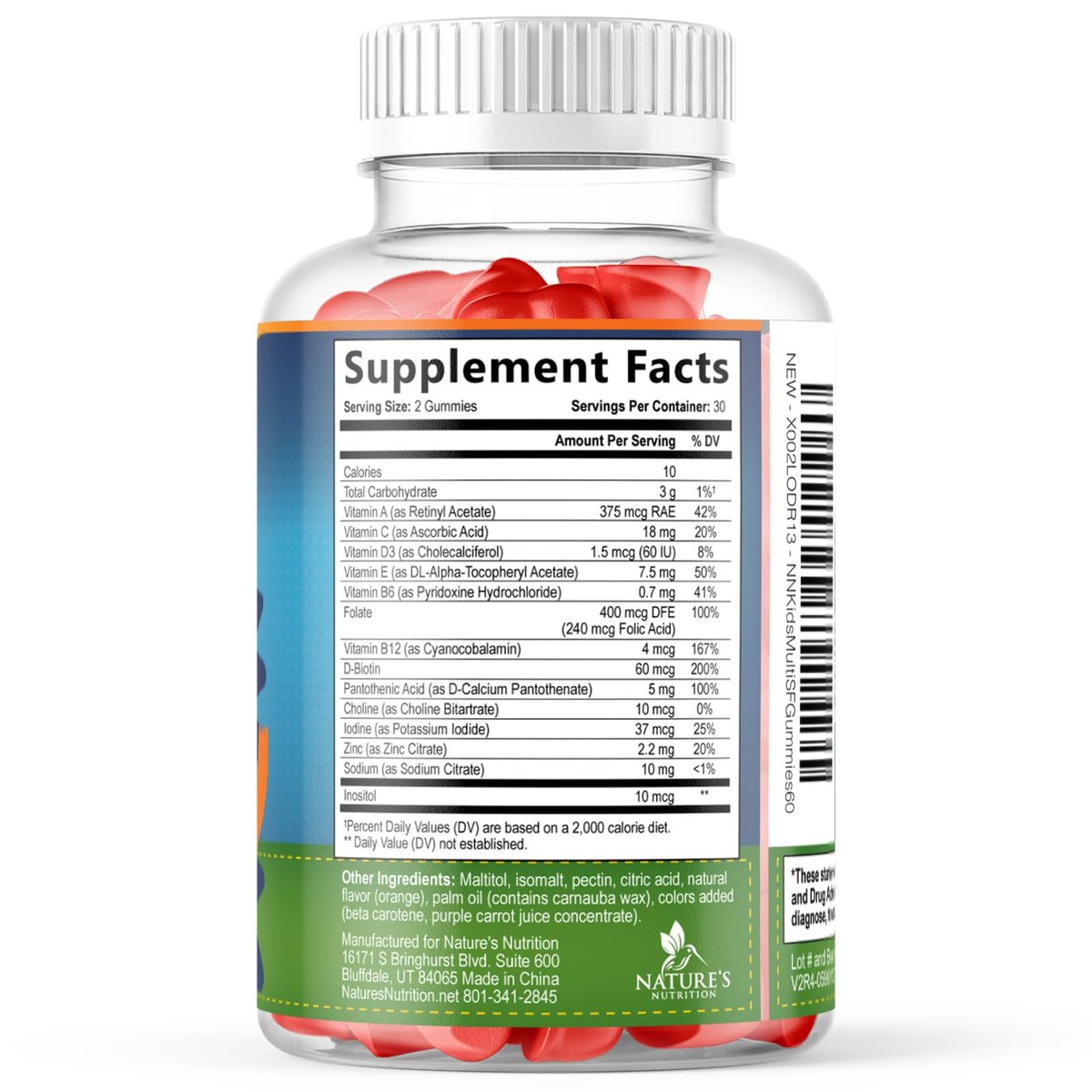 Zuckerfreie Kinder Multivitamin Gummibärchen mit Orangen-Geschmack – Immununterstützung mit Vitamin A, C, D3, E, B6, B12 & Zink – Non-GMO – 60 Gummis