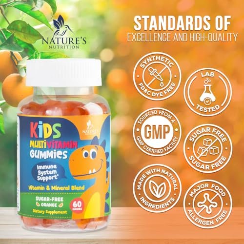 Zuckerfreie Kinder Multivitamin Gummibärchen mit Orangen-Geschmack – Immununterstützung mit Vitamin A, C, D3, E, B6, B12 & Zink – Non-GMO – 60 Gummis