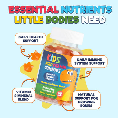 Zuckerfreie Kinder Multivitamin Gummibärchen mit Orangen-Geschmack – Immununterstützung mit Vitamin A, C, D3, E, B6, B12 & Zink – Non-GMO – 60 Gummis
