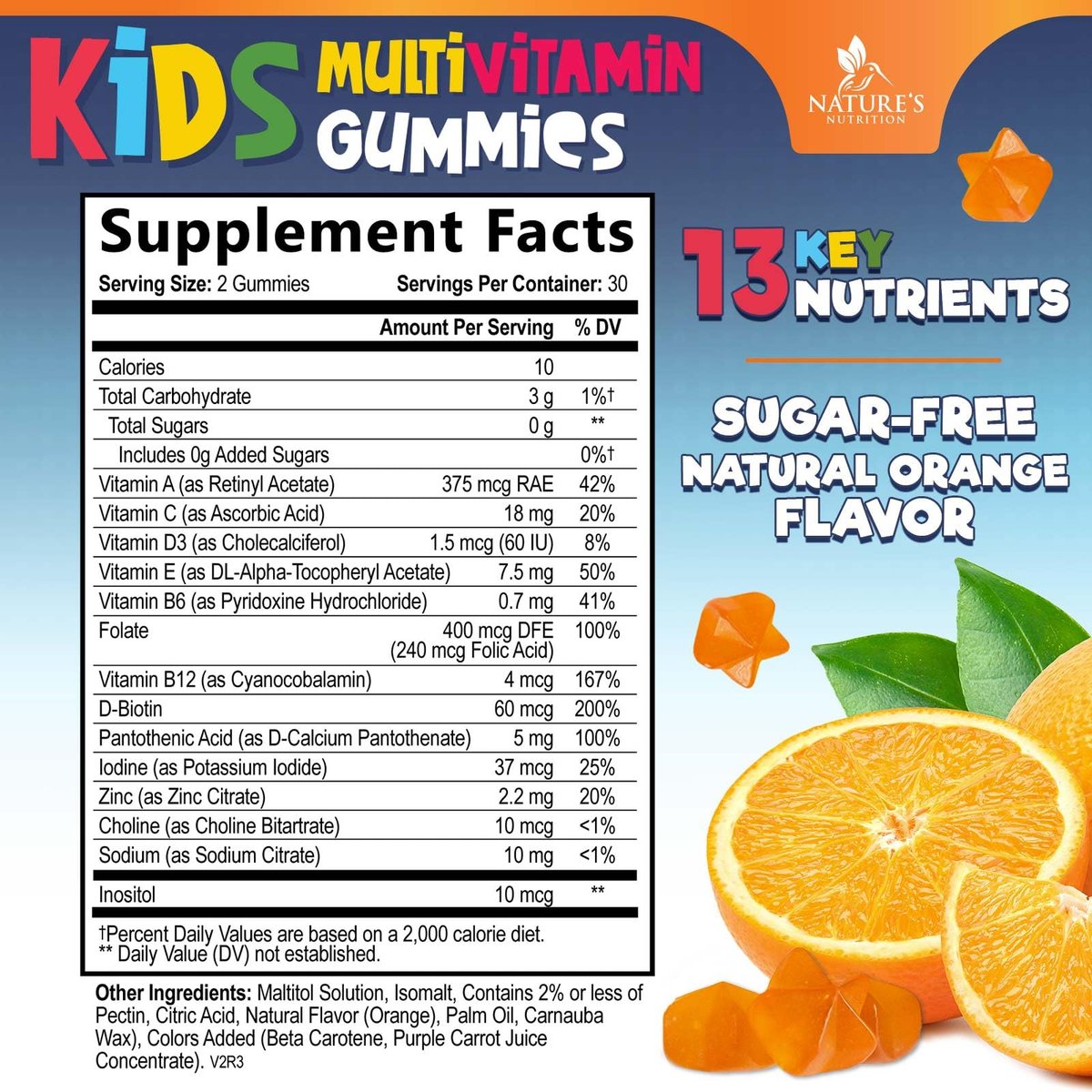 Zuckerfreie Kinder Multivitamin Gummibärchen mit Orangen-Geschmack – Immununterstützung mit Vitamin A, C, D3, E, B6, B12 & Zink – Non-GMO – 60 Gummis