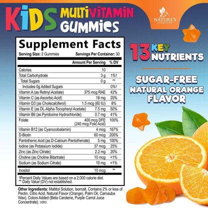 Zuckerfreie Kinder Multivitamin Gummibärchen mit Orangen-Geschmack – Immununterstützung mit Vitamin A, C, D3, E, B6, B12 & Zink – Non-GMO – 60 Gummis