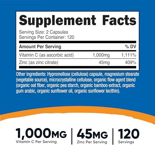 Nutricost Vitamin C mit Zink Kapseln, 120 Portionen - 1000mg Vitamin C, 45mg Zink, Nicht-GMO, Glutenfrei