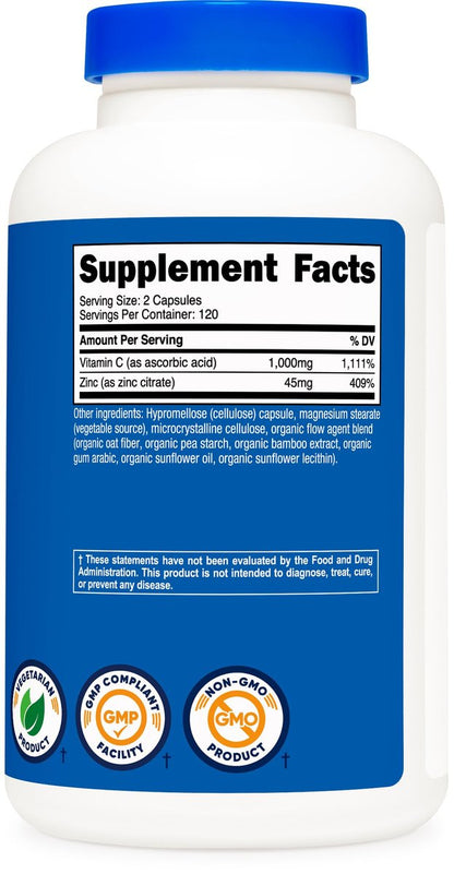 Nutricost Vitamin C mit Zink Kapseln, 120 Portionen - 1000mg Vitamin C, 45mg Zink, Nicht-GMO, Glutenfrei