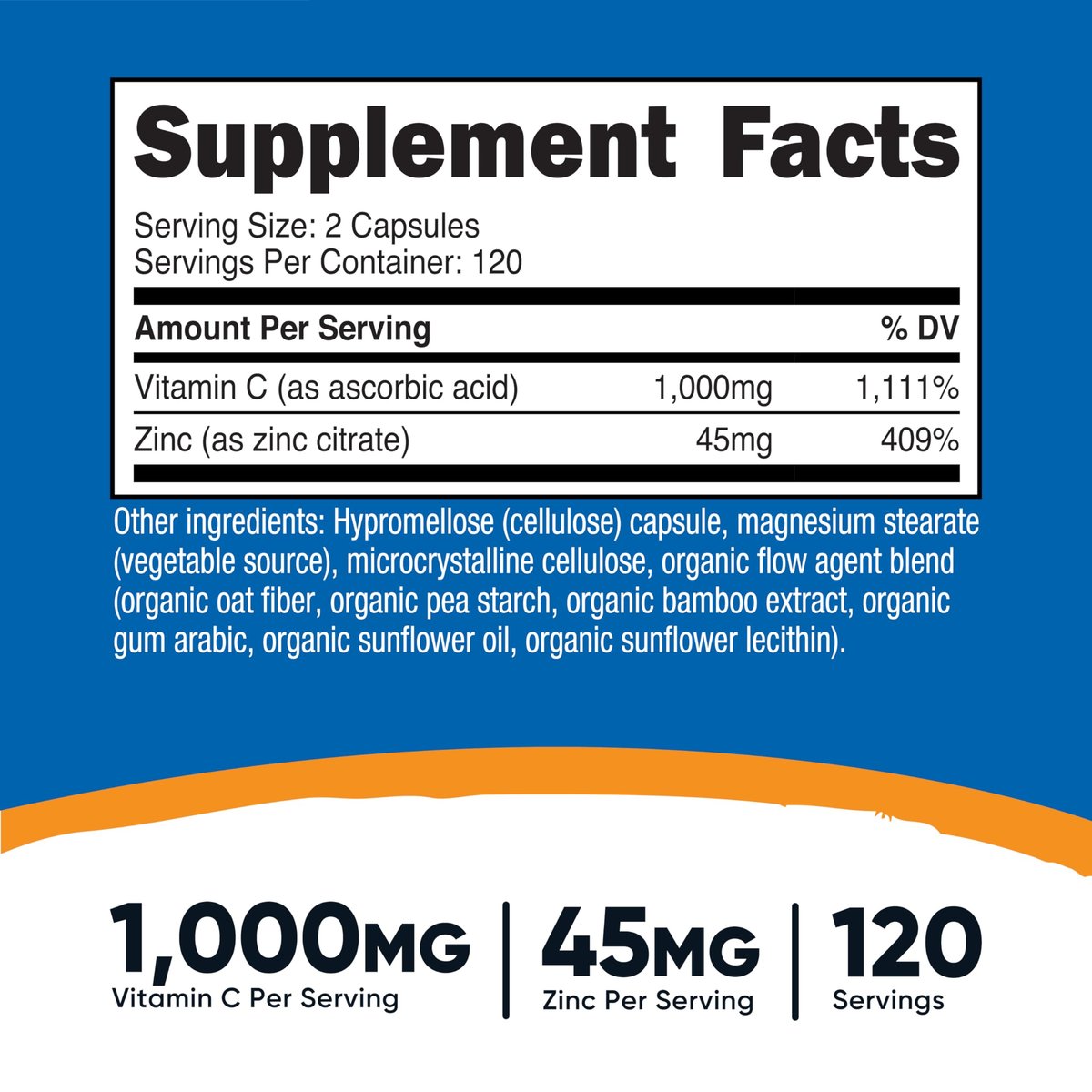 Nutricost Vitamin C mit Zink Kapseln, 120 Portionen - 1000mg Vitamin C, 45mg Zink, Nicht-GMO, Glutenfrei