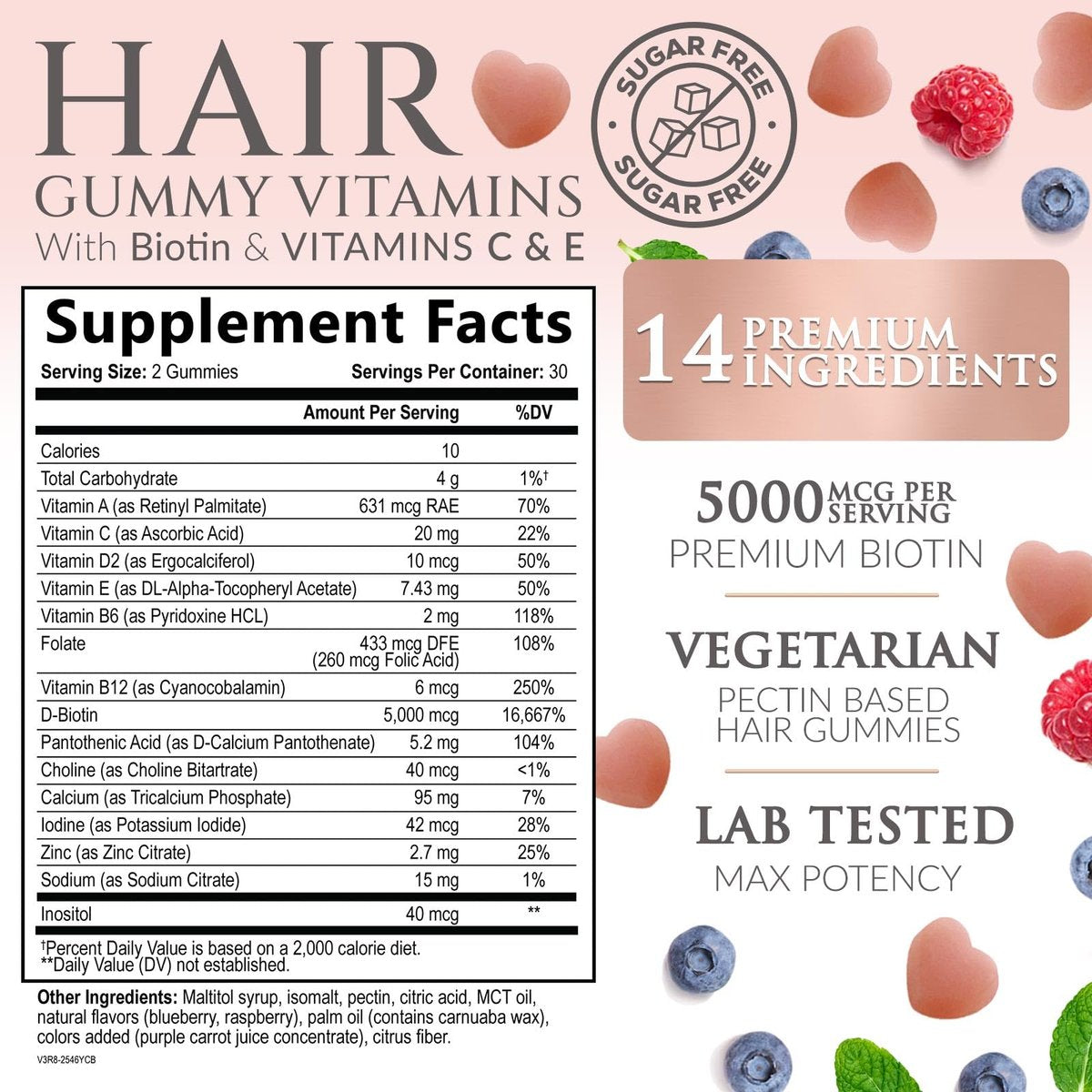 Haarvitamine Gummibärchen – Zuckerfreie Haarwachstum-Gummis mit Biotin 5000 mcg pro Portion, Vitamin A, B12, C, D, E, Folsäure – Unterstützt starke, schöne Haare und Nägel, vegetarisch – 60 Gummibärchen