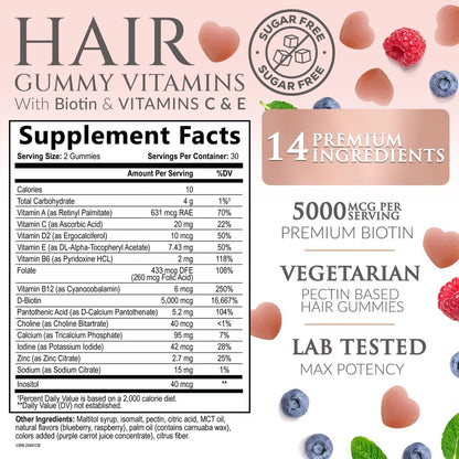 Haarvitamine Gummibärchen – Zuckerfreie Haarwachstum-Gummis mit Biotin 5000 mcg pro Portion, Vitamin A, B12, C, D, E, Folsäure – Unterstützt starke, schöne Haare und Nägel, vegetarisch – 60 Gummibärchen