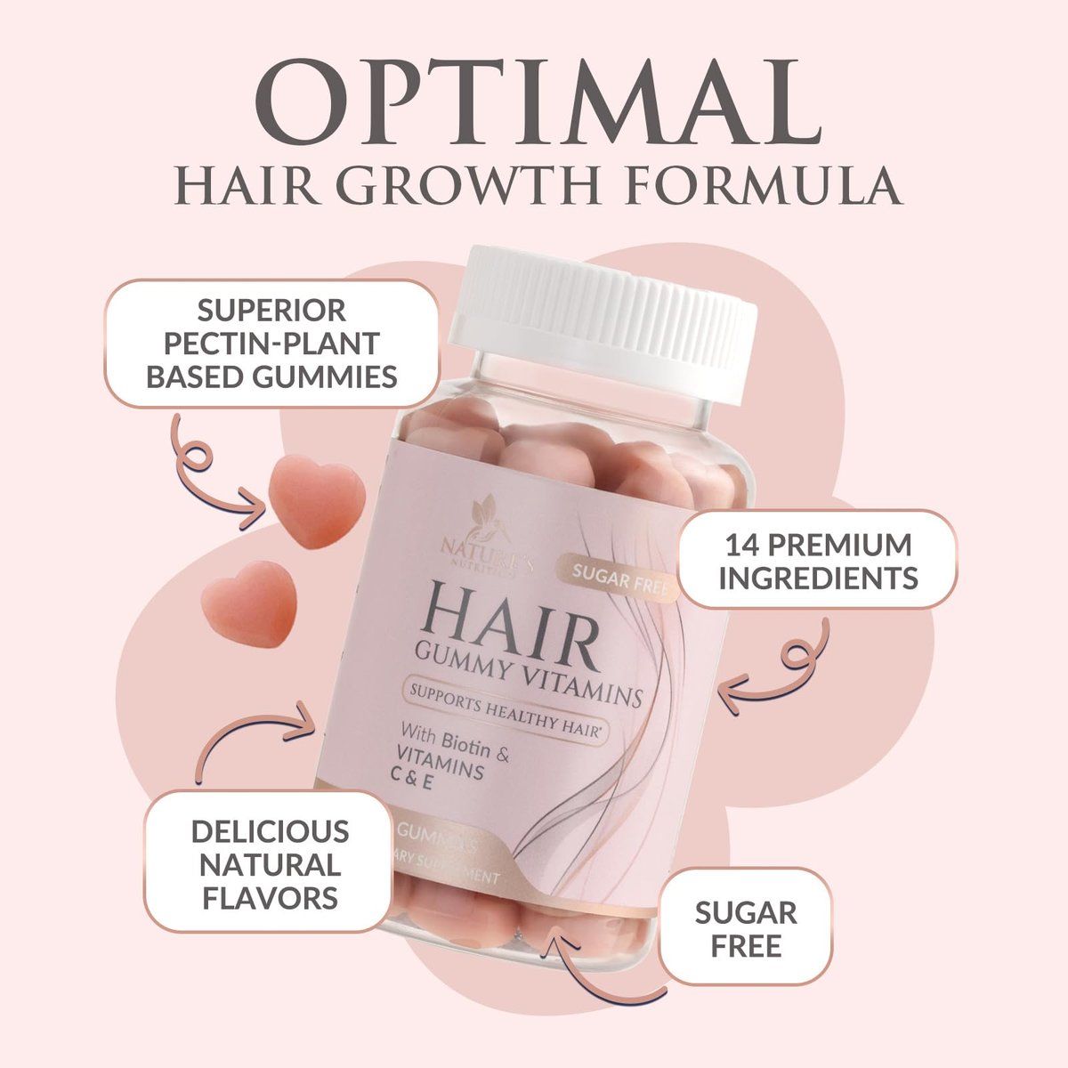 Haarvitamine Gummibärchen – Zuckerfreie Haarwachstum-Gummis mit Biotin 5000 mcg pro Portion, Vitamin A, B12, C, D, E, Folsäure – Unterstützt starke, schöne Haare und Nägel, vegetarisch – 60 Gummibärchen