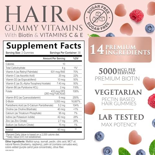 Haarvitamine Gummibärchen – Zuckerfreie Haarwachstum-Gummis mit Biotin 5000 mcg pro Portion, Vitamin A, B12, C, D, E, Folsäure – Unterstützt starke, schöne Haare und Nägel, vegetarisch – 60 Gummibärchen