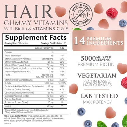 Haarvitamine Gummibärchen – Zuckerfreie Haarwachstum-Gummis mit Biotin 5000 mcg pro Portion, Vitamin A, B12, C, D, E, Folsäure – Unterstützt starke, schöne Haare und Nägel, vegetarisch – 60 Gummibärchen