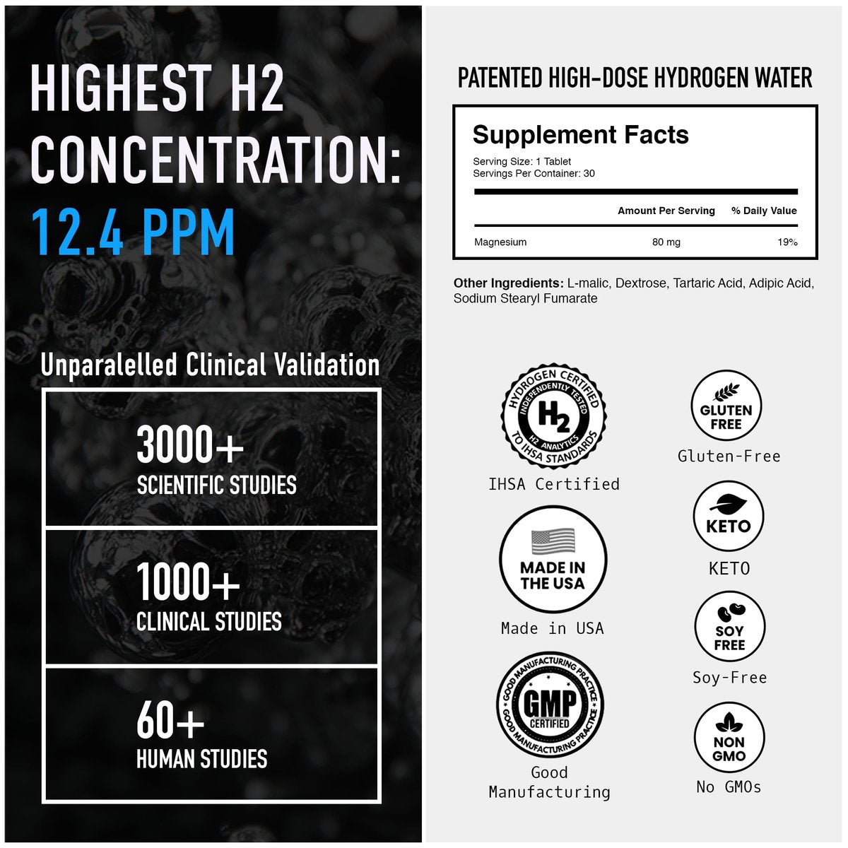 DRINK HRW Rejuvenation Molecular Hydrogen Wasserstoff-Tabletten: 12 ppm H2, patentiert, in USA hergestellt, IHSA-zertifiziertes Wasserstoff- & Magnesiumpräparat. Unterstützt Energie, Erholung, kognitive Funktion (ungeschmack, 30 Stück)
