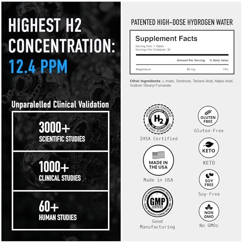 DRINK HRW Rejuvenation Molecular Hydrogen Wasserstoff-Tabletten: 12 ppm H2, patentiert, in USA hergestellt, IHSA-zertifiziertes Wasserstoff- & Magnesiumpräparat. Unterstützt Energie, Erholung, kognitive Funktion (ungeschmack, 30 Stück)
