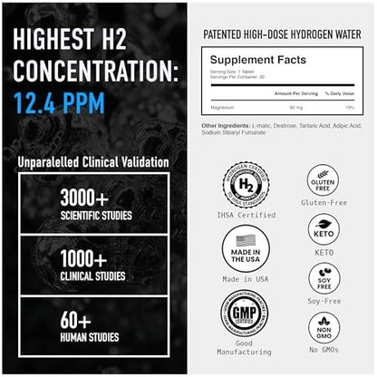 DRINK HRW Rejuvenation Molecular Hydrogen Wasserstoff-Tabletten: 12 ppm H2, patentiert, in USA hergestellt, IHSA-zertifiziertes Wasserstoff- & Magnesiumpräparat. Unterstützt Energie, Erholung, kognitive Funktion (ungeschmack, 30 Stück)