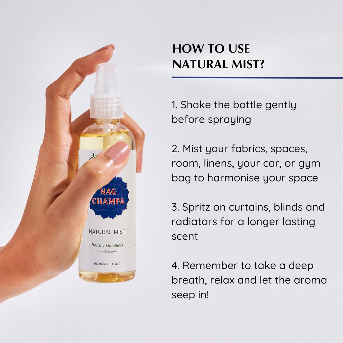 Aromafume Nag Champa Natural Mist Spray 100 ml – Raumspray mit Sandelholz, Jasmin, Ylang-Ylang & Champa-Blütenextrakt – Ideal für Meditation & Rituale – Alkoholfrei, ungiftig & vegan