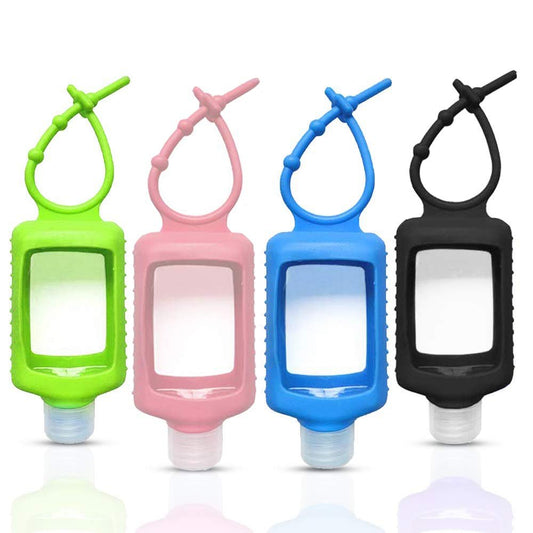 4er-Pack Reisegröße Klare Plastikflaschen mit Silikonhülle – Nachfüllbare leere Quetschbehälter mit auslaufsicherem Klappdeckel und Schlüsselanhänger – 60 ml / 2 oz – Für Rucksack, Reisen & Outdoor – Grün, Pink, Schwarz, Blau