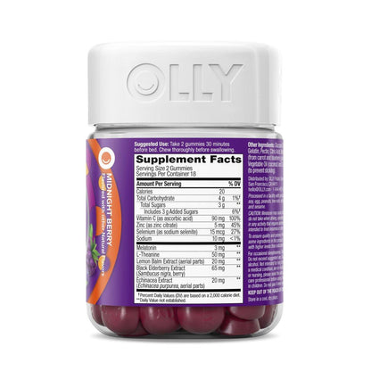 OLLY Schlaf-Immunität Melatonin Gummibärchen, Vitamin C, Zink, Echinacea, 3 mg Melatonin, Schlaf- und Immununterstützung, Beere - 36 Stück