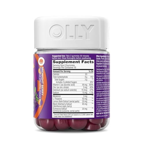 OLLY Extra Stark Schlaf Gummis 5 mg Melatonin, L-Theanin, Kamille, Zitronenmelisse Extrakt, Schlafhilfe, Brombeergeschmack - 90 Stück
