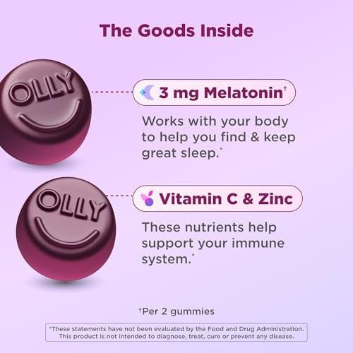 OLLY Schlaf-Immunität Melatonin Gummibärchen, Vitamin C, Zink, Echinacea, 3 mg Melatonin, Schlaf- und Immununterstützung, Beere - 36 Stück