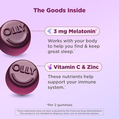 OLLY Schlaf-Immunität Melatonin Gummibärchen, Vitamin C, Zink, Echinacea, 3 mg Melatonin, Schlaf- und Immununterstützung, Beere - 36 Stück