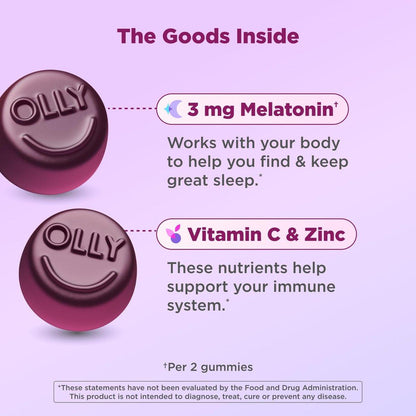 OLLY Schlaf-Immunität Melatonin Gummibärchen, Vitamin C, Zink, Echinacea, 3 mg Melatonin, Schlaf- und Immununterstützung, Beere - 36 Stück
