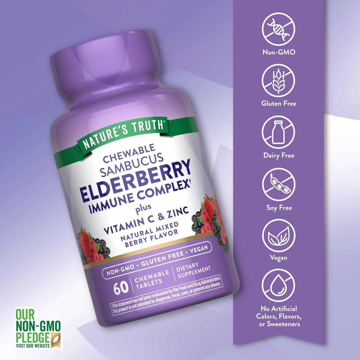 Nature's Truth Holunder-Immun-Komplex | 60 Kautabletten | mit Vitamin C & Zink | Mischbeere | Vegan, Nicht-GVO & Glutenfrei