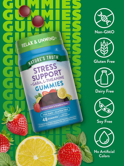 Nature's Truth Stress Relief Gummies für Erwachsene | mit GABA, L-Theanin und Melisse | Lemon Strawberry Geschmack | Nicht genetisch verändert & glutenfrei