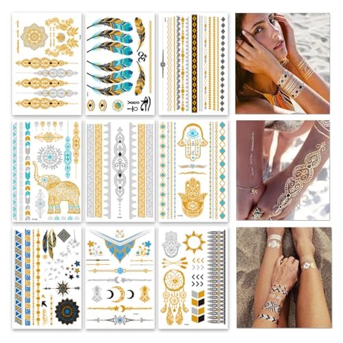 9 Blätter 110+ Metallische Temporäre Tattoos für Erwachsene Frauen Mädchen - Gold Silber Glitzer Flash Wasserfeste Tattoo Aufkleber für Strand, Festivals & Partys