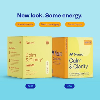 Neuro Calm & Clarity Mints - GABA L-Theanin Stress Ergänzung mit Vitamin D3 - Nicht müde machende, funktionale Beruhigungsmints für Stimmung, geistige Klarheit & kognitive Funktion - Honig-Zitrone, 72 Stück